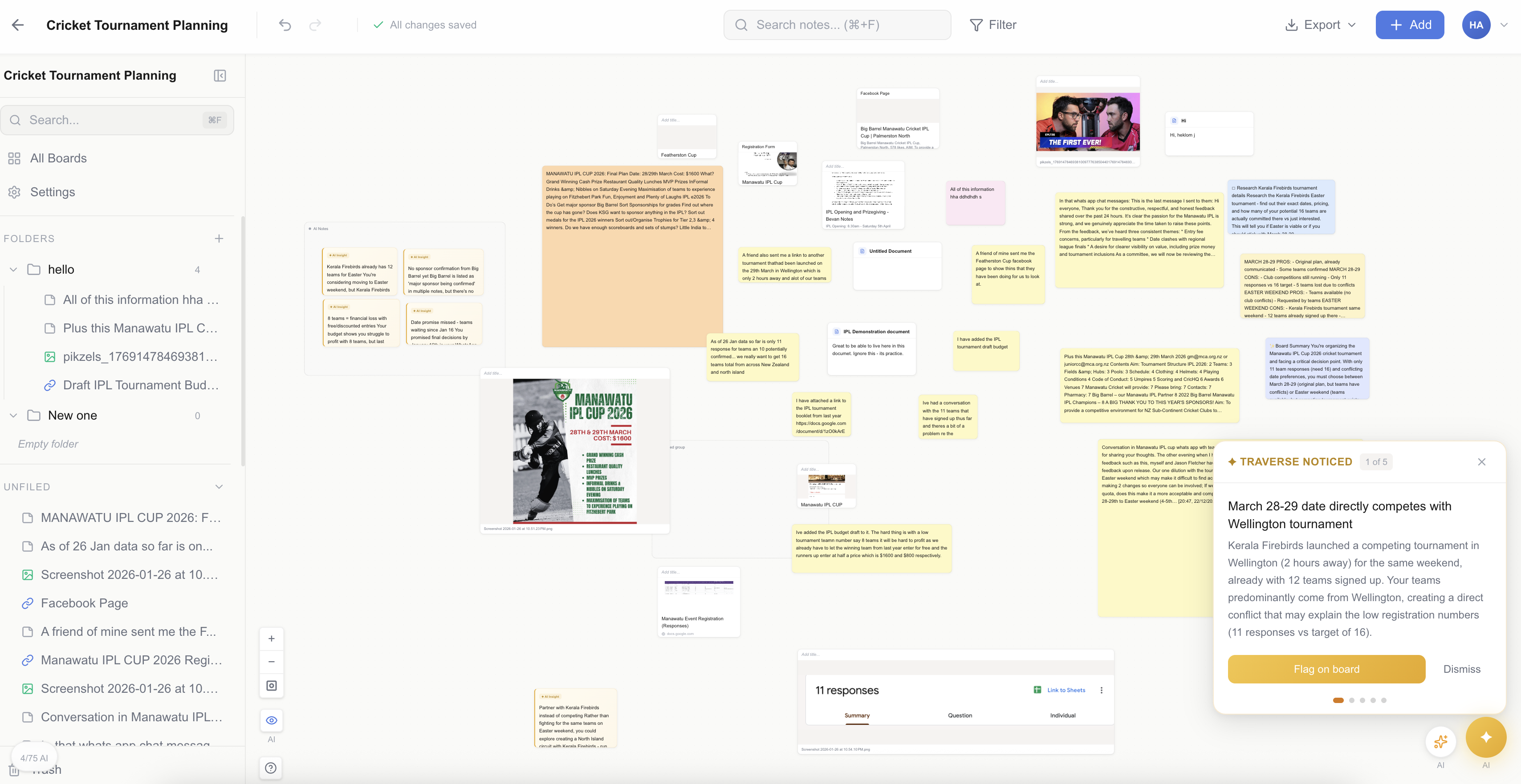 Traverse app showing a visual canvas with notes and AI insights